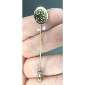 1022  Vintage embossed Locket Stick Pin, Oval, Gold Tone